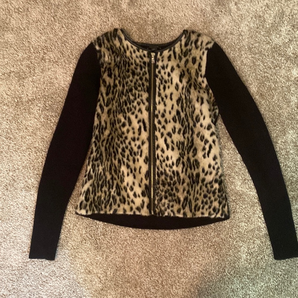 ANN TAYLOR CHEETAH FUR PRINT BLACK KNIT SWEATER JACKET SIZE XS
